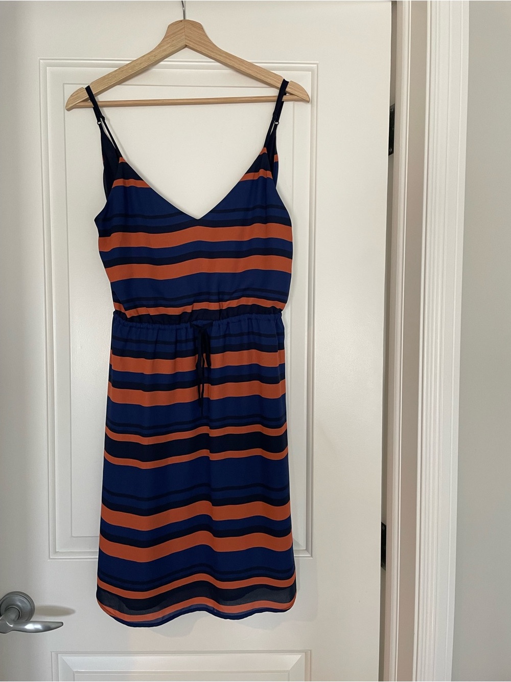 Babaton Striped Navy and Rust Spaghetti Strap Dress
